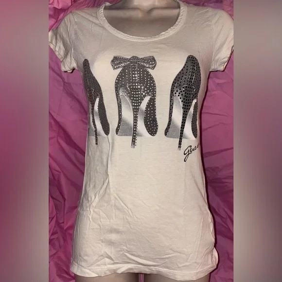 Guess white rhinestone studded high heel bling T-shirt size XS - Picture 1 of 3